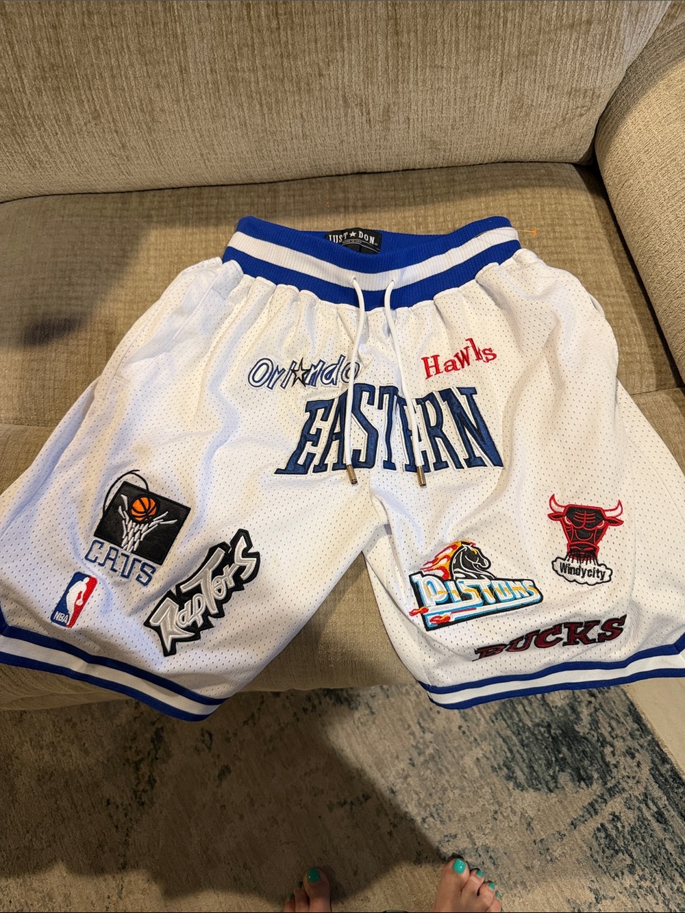 Just Don Eastern White Mesh Basketball Shorts with Blue Trim